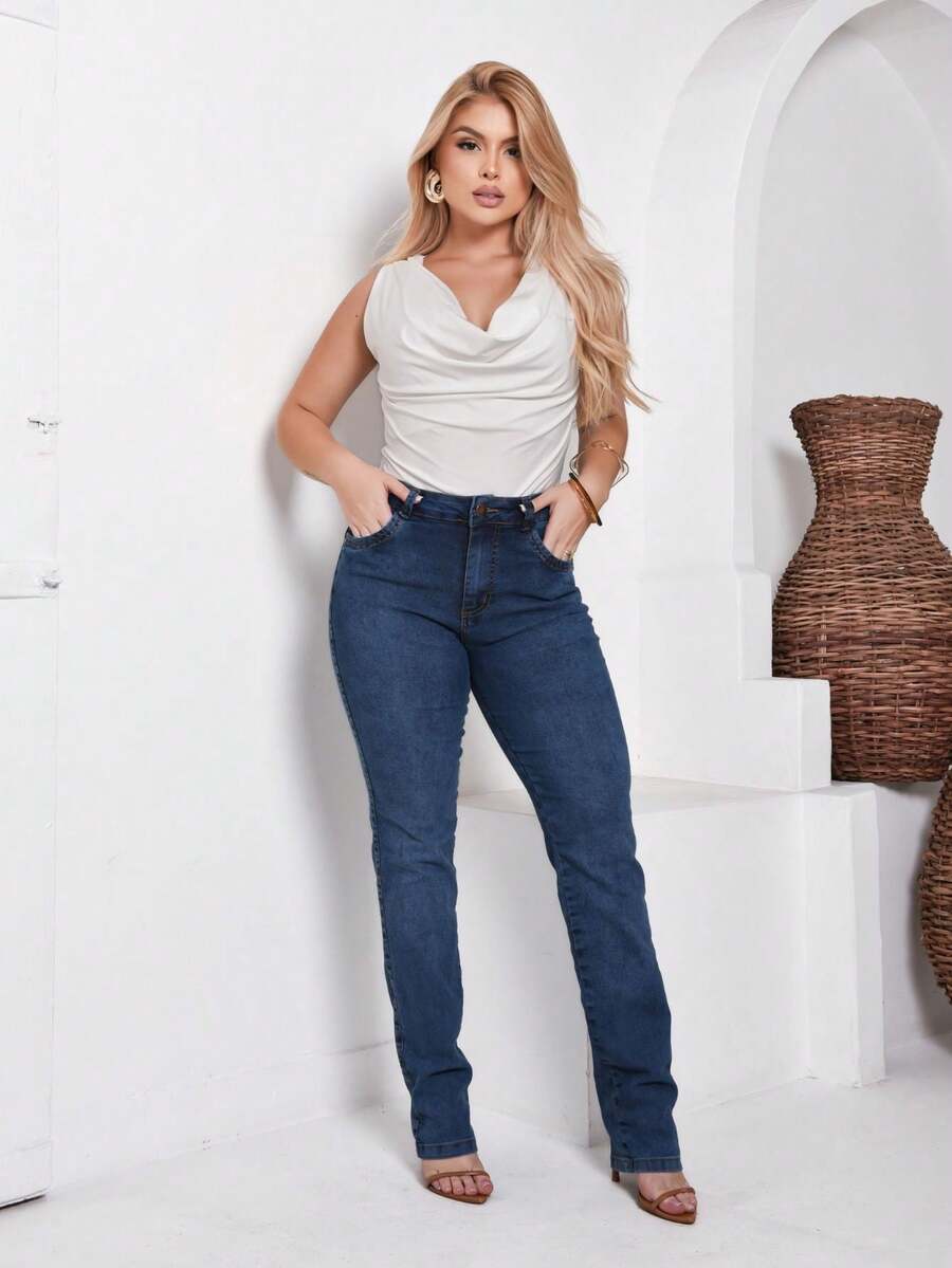 Women's Straight Jeans, High Waist, Comfortable, Elegant, Casual - Rửa trung bình - Xem 1