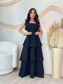 Long Ruffled Dress Straps Simple Tiered Formal And Evening - Black - View 1