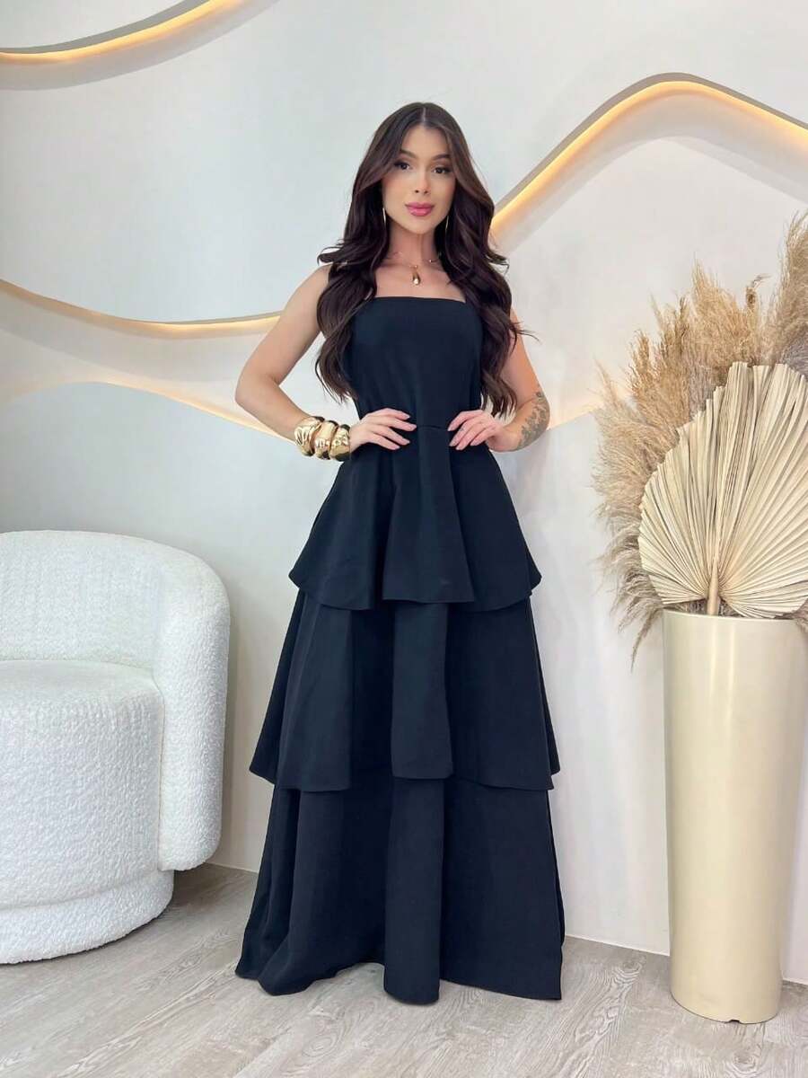 Long Ruffled Dress Straps Simple Tiered Formal And Evening - Black - View 1