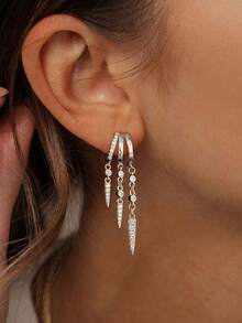 Women's Pendant Earrings, Collegiate Style Christmas Gift, Petite Silver Stud Earrings, Long Silver Triple Drop Earrings, Delicate Water Drop Earrings, Women's Jewelry Accessories - Silver - View 5