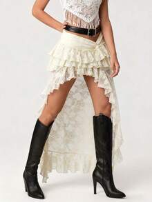 Women Flower Lace Sheer Skirt Elastic Waist High Low Layered Ruffle Asymmetrical A Line Skirt Steampunk Victorian Cosplay Costume - 杏色 - 查看 2