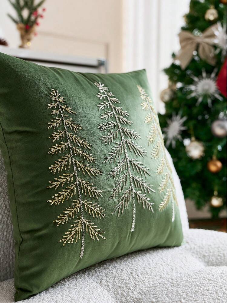1 件圣诞绿色多树刺绣抱枕套，适合室内装饰，不含圣诞装饰靠垫套和枕芯 - 綠色 - 查看 5