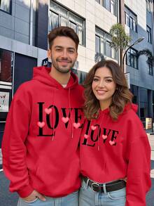 Sudaderas con capucha a juego para hombre y mujer - Letras "I Love You" y estampado de corazones, con detalles rojos, conjuntos casuales para parejas, San Valentín, aniversario, sudaderas para parejas, conjuntos a juego para parejas, chaquetas con capucha, sudaderas para hombre, poleron con capucha, chaqueta de invierno - Pieza Única Roja para Hombre - Ver 1