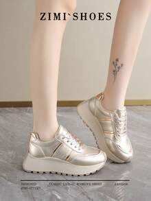 1 Pair Women's Round Toe Thick Sole Casual Sneakers, Gold/Silver Gump Style Lace-Up Outdoor Shoes, Suitable For Running, Hiking, All Seasons - Gold - View 9