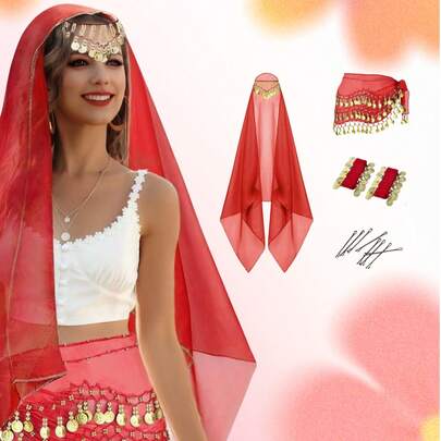 肚皮舞套装，肚皮舞雪纺臀巾、头巾、腕带、金币舞蹈配饰，适用于肚皮舞装饰、舞蹈头巾、舞蹈比赛、民间舞蹈表演和服装配饰。非常适合表演和节日、万圣节服装、圣诞节礼物，多种颜色可选