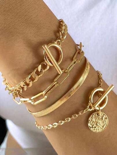 1 Set Of 4pcs Hip Hop Snake Bone Chain Jewelry Set, Vintage Metal OT Buckle Bracelet For Women