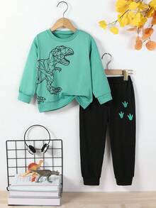 Set de 2 piezas para niños pequeños: Camisa de cuello redondo de manga larga con estampado de dinosaurios y pantalones holgados con cordón, apropiado para uso diario, viajes, fiestas de cumpleaños, regalo