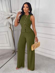 AIJ Amarilo Striped Sleeveless Top And Straight Leg Pants 2 Pieces Suit, Elegant Business Casual, Latest Spring/Summer Women's Chic Set - Green - View 3
