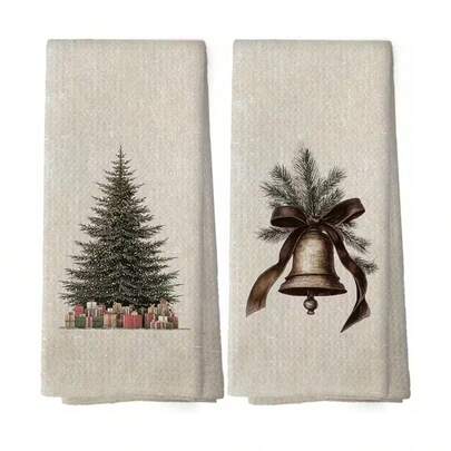 1/2/4 件装超大号 15.7 x 23.6 英寸复古圣诞厨房毛巾 - 农舍风格洗碗布，米色和棕色铃铛图案，乡村米色节日茶巾，适合圣诞节、新年和日常使用 - 可机洗，2 件套，饰有节日松树和铃铛图案，红色丝带蝴蝶结背景