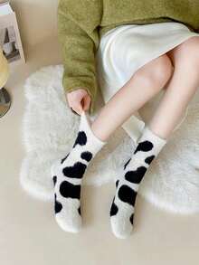 1/2 Pairs Of Cute Cow Patterned Plush Round Neck Socks, Thick And Warm Coral Fleece Socks, Women's Silk Stockings And Socks, Soft And Comfortable, Suitable For Daily Wear, Christmas, Winter Home Warmth, Cozy Socks - Multicolor - View 7