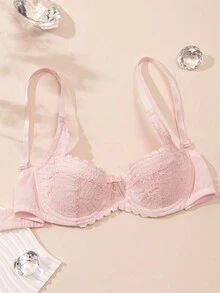 WINGSLOVE Plus Size Sexy Push Up Elegant Low Cut Lace Bra - Lightly Padded Bralette With Pearl Accents & Adjustable Straps - Baby Pink - View 4