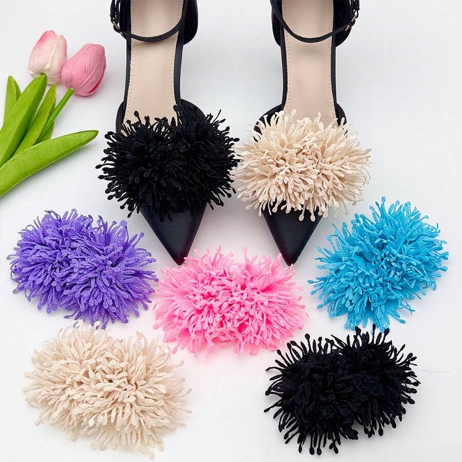 2pcs New Detachable Tassel 3D Embroidered Shoe Clips Decorative Accessories For High Heels, Sandals - Multicolor - View 1