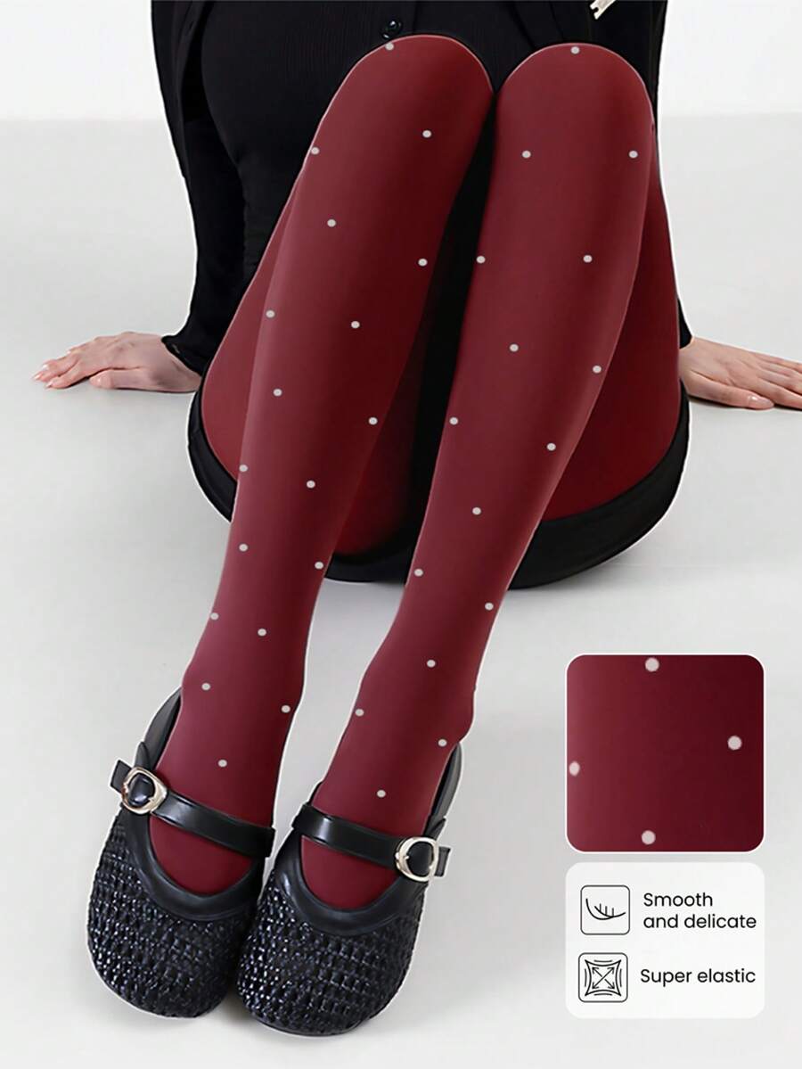 سراويل ليجنز نسائية لون بوردو نقاط كبيرة، ناعمة وعالية المرونة - عصرية، مقاومة للتكتل، تحكم في البطن، مانعة للانزلاق، مناسبة للارتداء اليومي العادي، خريف
