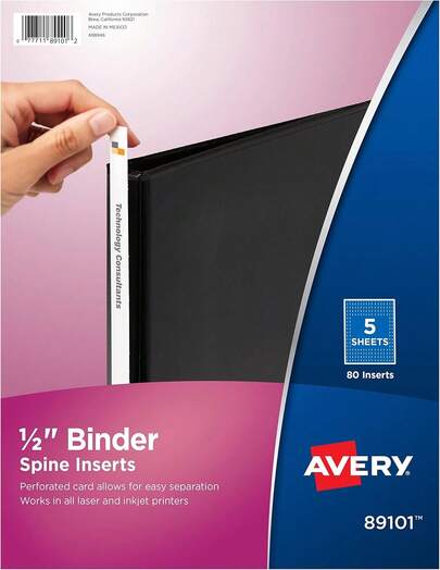 Binder Spine Inserts, 1/2 Inch Ring Binders Containing 0. Spine Width, 80 Cardstock Inserts (89101)