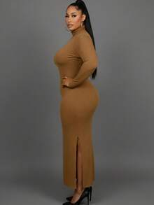 Elegant Plus Size Black Rib Knit Maxi Dress With High Neck And Long Sleeves, Fitted Style With Slit Hem For Party - 摩卡 - 查看 2