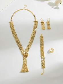 Mgyi Gold-Colored Copper Fashionable And High-End Luxury Retro Jewelry Set For Women,18K Gold Plated Elegant Luxury Square Design Necklace, Earrings, Bracelet, Ring For Women, Suitable For Nigeria, Dubai, Middle East, Saudi Arabia Bridal Wedding, Daily Wear, Wedding Anniversary Gift, Halloween Gift For Friends