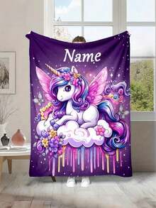 1pc Personalized Unicorn Flannel Blanket - Soft, Warm & Cozy With Custom Name Option - Ideal Christmas Or Halloween Gift - Machine Washable Polyester Knitted Fabric - Contemporary Style, Multi-Purpose For Couch, Bed, Travel, Camping, Office - Multicolor - View 6