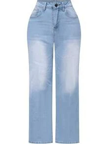 THUNDER Womens High Waisted Wide Leg Jeans Stretchy Distressed Pants - C Blue - View 12