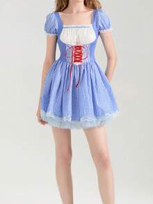 Women's Vintage Plaid Print Mini Corset Dress Halloween Costume Sleeveless Tank Dress Cosplay Outfit For Holiday Party - 霧霾藍 - 查看 2
