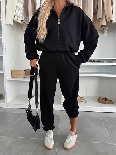 Women's Black Casual Two Pieces Set Collar Zipper Top And Relaxed Fit Pants Medium Stretch Comfortable Loungewear