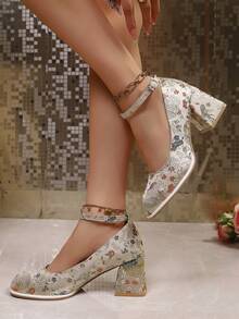 Geeyea A Pair Of Women's Embroidered High Heels, Thick Heel Design, Special High Heels, Unique High Heels, Luxurious And Gorgeous, Very Suitable For Party Wear With Cheongsam Skirt - Màu be - Xem 2