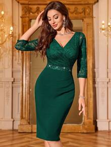 MIUSOL Đầm dự tiệc dáng ôm, cổ chữ V, tay lỡ 3/4, đính sequin ở eo và vạt chéo, chất liệu ren hoa, thích hợp cho nữ, trang phục bán formal, thanh lịch, công sở. - Màu xanh lá cây đậm - Xem 1