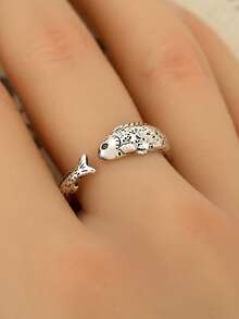1PC Vintage-Style Ancient Silver Color Fish Charm Open Ring, Suitable For Both Men And Women, Perfect For Daily And Festive Outfits, Can Be Given As A Gift To Friends. - 魚 戒指 - 查看 2