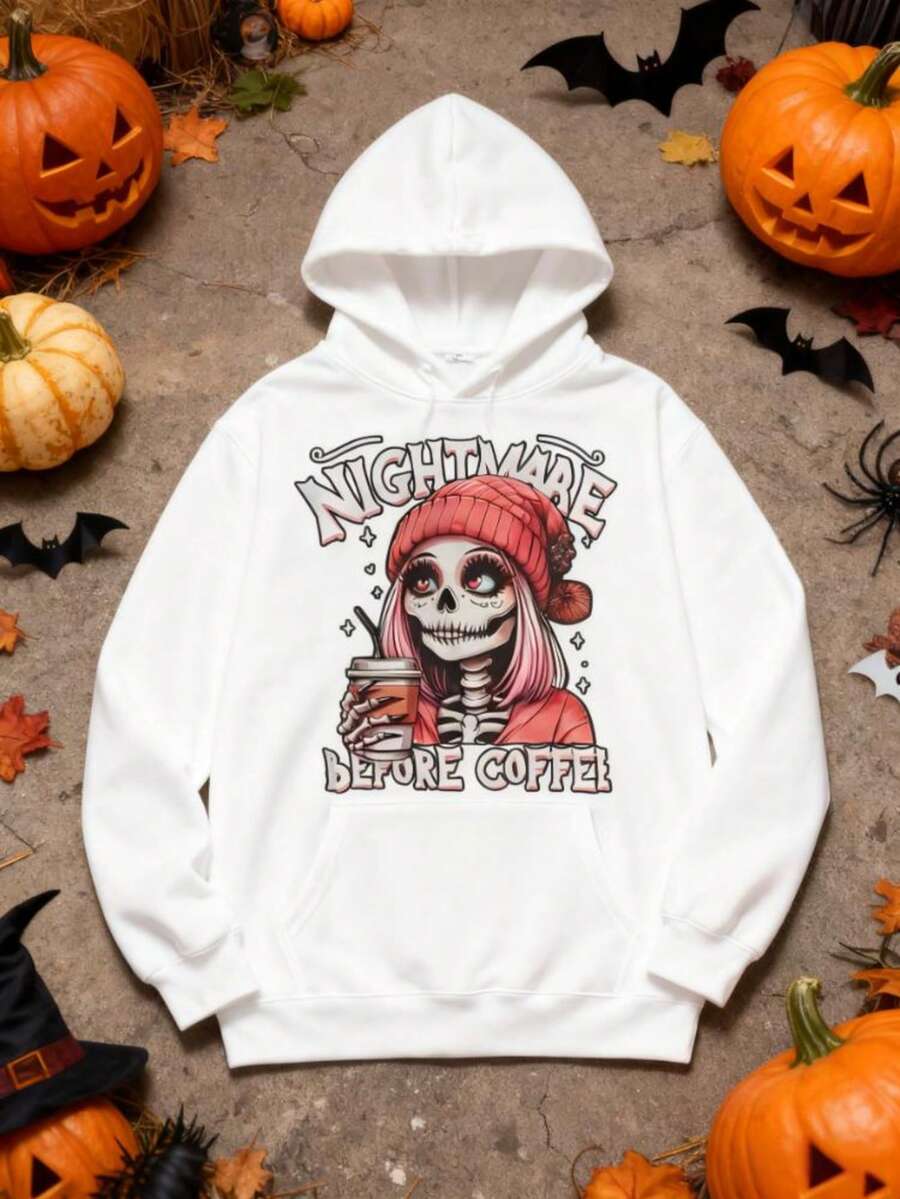 Stylish Women's Casual Graphic Hooded Sweatshirt With Nightmare Before Christmas Art Print Stretchy Knit Round Neck Long Sleeve Hoodie - Top Gift For Cyber Monday,Back-To-School Season, Halloween,Christmas & Thanksgiving Day Shopping Season(Creative Gift) - 白色 - 查看 1