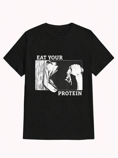 Herren Anime Grafik T-Shirt, 100% Baumwolle T-Shirt, Iss dein Protein, Angriff auf den Titanen, lässiger Muster, bequem und vielseitig, Buchstabenmuster reine Baumwolle 220g bedrucktes T-Shirt, perfektes Weihnachts- und Urlaubsgeschenk für Männer, Halloween Shirts für Männer