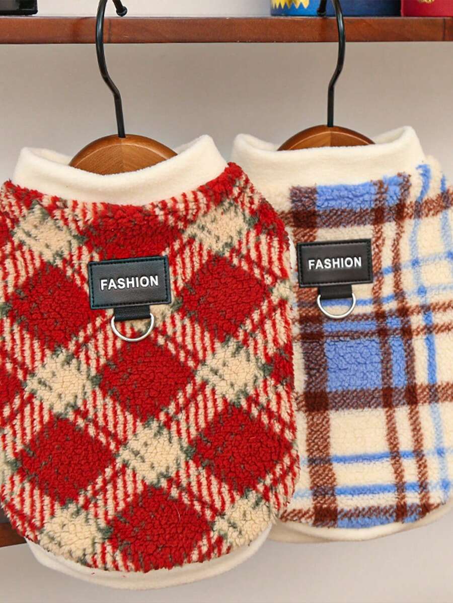 2件套，时尚格子宠物背心+宠物项圈 - 保暖柔软的狗狗毛衣，带牵引环，舒适的小型犬/猫咪服装，时尚的幼犬/幼猫室内/室外日常穿着，保暖宠物外套（多种颜色/尺寸） - 彩色 - 查看 1