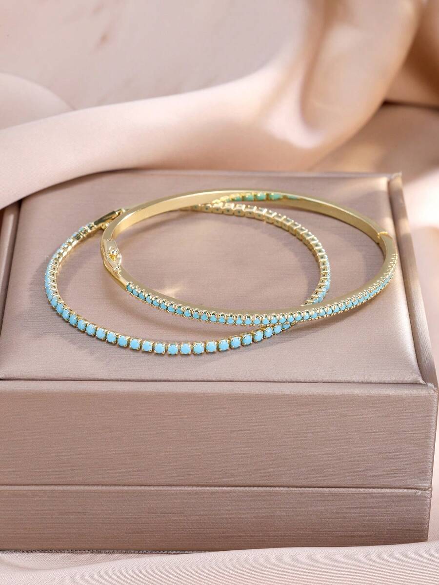 rakol Bộ 2 vòng tay tối giản màu ngọc lam và vàng, vòng tay tennis - Vàng ngọc lam xanh - Xem 1