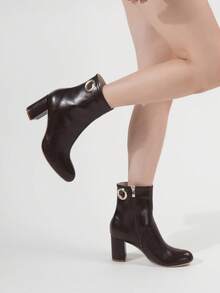 女士时尚派对PU皮革索环粗高跟踝靴