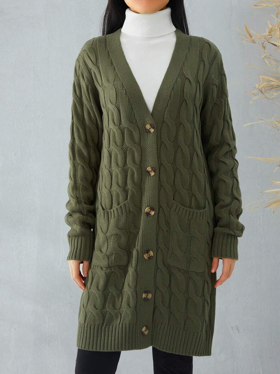 Female Cardigan, Solid Color Long Sleeve Sweater Knitted Coat With Pockets For Spring Fall, S/M/L - Army Green - View 1