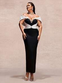 Plus Size Women's Off Shoulder Colorblock Bodice Zipper Detail Formal Evening Gown, Suitable For Wedding, Party, Autumn/Winter