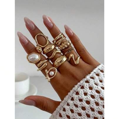 11pcs/Set Women's Punk Ring Set Retro Geometric Ring Set Fashionable Personalized Jewelry Gifts Match With Daily Wear, Party Accessories