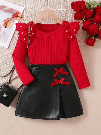 Girls' Outfit, Beaded Ruffle Trim Round Neck Long Sleeve Top + Elegant 3D Bow PU Leather Skirt Fashion Set, Suitable For Autumn Daily Wear, Birthday Party, Family Outing