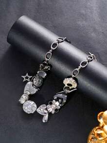 1pc Vintage Punk Rock Style Metal Heart, Flower & Pendant Necklace Chain, Suitable Party, Music Festival - 銀色 - 查看 4