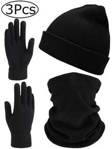3piece Set Winter Beanie Hat Scarf Gloves, Soft Knitted Hat Stretchy Gloves Warm Skull Cap Set For Women Men Gifts Winter Beanie Hat ,Neck WarmerCold Weather Gear Unisex,Warm Winter Stretchy Knit Gloves Hat - Multicolor - View 1