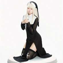 Sexy Nun Costume For Adults - Elegant High Neck Dress With Cross Pendant, Black & White Contrast, Long Sleeves, And Thigh-High Slit - Perfect For Halloween, Masquerade Parties, And Role-Playing Performances, Halloween Costume | Contrast Color Design | Nonstretch Fabric - 黑色 - 查看 6
