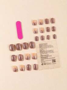 24Pcs/Set Christmas Short Square Champagne Glitter Snow Flake Full Cover Press-On Nails, Suitable For Women Holiday Wear Nail Supplies Nails - 彩色 - 查看 3