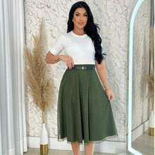 Saia Midi Tule Poá com Forro Moda Evangélica - Verde Musgo - Visão 7
