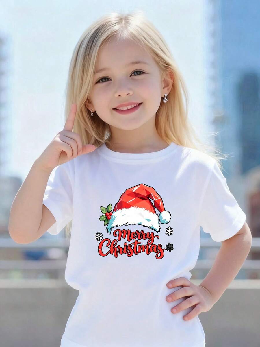 Playeras de niño Gorro de Santa Copo de nieve Feliz Navidad sudaderas de niño camisas para niño Camisetas de niña Regalos navideños Camisetas navideñas Camiseta de Halloween para niñas Camisetas para niños y niñas La tela es suave, transpirable y cómoda, hecha de puro algodón. - Blanco - Ver 1