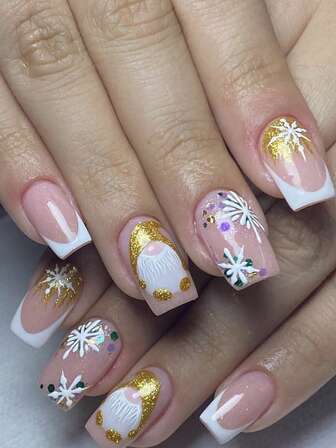 24pcs Christmas Nail Square, Simple White, French Pointed, Colorful Polka Dot Snowflakes, Shining, Santa Claus Full Coverage, Press False Nail, Suitable For Women's Holiday Party Nail Art Decoration