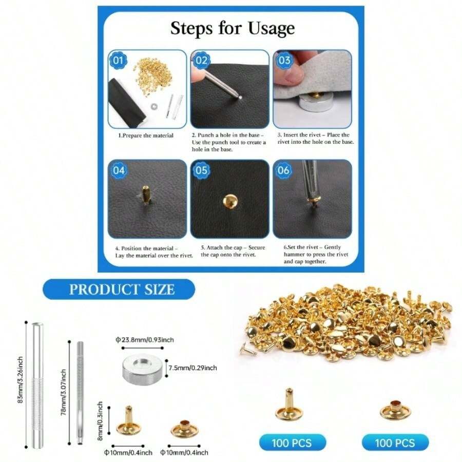 Sets Leather Rivets 8x10mm Double Cap Rivets Snaps Metal Studs Fasteners With 3pcs Setting Tools Leather Repair Decoration, Bronze - Gold Tone + 8x10mm - View 1