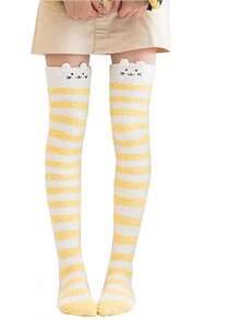 Womens Thigh High Fuzzy Socks Cute Over Knee Stockings Winter Warm Stripe Leg Warmers - Màu vàng - Xem 9