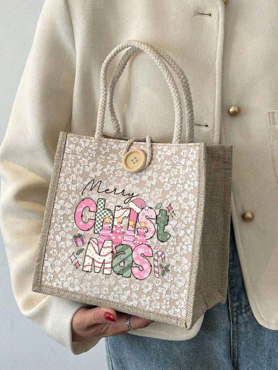 Geantă tote cu model de Crăciun Fericit, geantă tote reutilizabilă pentru femei cu imprimeu, geantă de școală și cumpărături cu mâner dublu, geantă de umăr cu capacitate mare, geantă tote casual, geantă de depozitare de Crăciun, geantă de cumpărături decorată cu nasturi, mâner dublu, geantă tote, reutilizabilă, potrivită pentru nuntă, ziua de naștere, plajă, festival, cadou pentru prieteni și cele mai bune prietene, cadou pentru profesori, alegerea perfectă pentru vacanță și festival