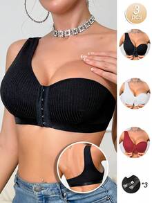 3 peças/Conjunto Sutiãs Sem Arame Coloridos Multicoloridos com Fechamento Frontal e Costas Tipo Regata para Sustentação e Elevação para Mulheres - Multicolorido - Visão 1