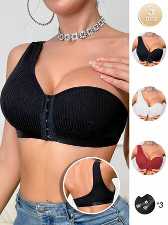 3pcs/Set Multi-Color Ribbed Racerback Front Closure Wireless Lift & Support Bras For Women