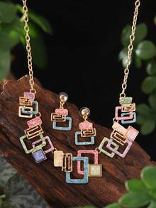 Cring Coco 3pcs/Set Fashion Boho Simple Enamel Geometric Jewelry Set For Woman Accessories New Zinc Alloy Necklace And Earring Sets Minimalist Design Suitable For Daily Dance Party Holiday Music Festival Valentine's Day Jewelry Gift