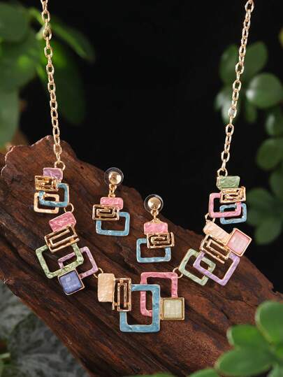 Cring Coco 3pcs/Set Fashion Boho Simple Enamel Geometric Jewelry Set For Woman Accessories New Zinc Alloy Necklace And Earring Sets Minimalist Design Suitable For Daily Dance Party Holiday Music Festival Valentine's Day Jewelry Gift